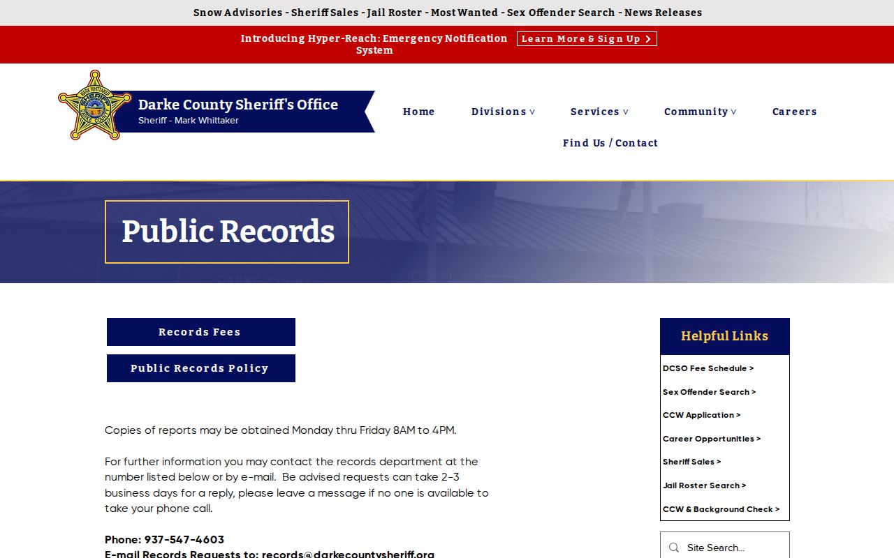 Darke County booking records request contact page from the Sheriff's Records Division